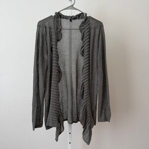 EILEEN FISHER M Gray Cardigan Ruffle Open Linen Sheer Sweater Shabby Festival